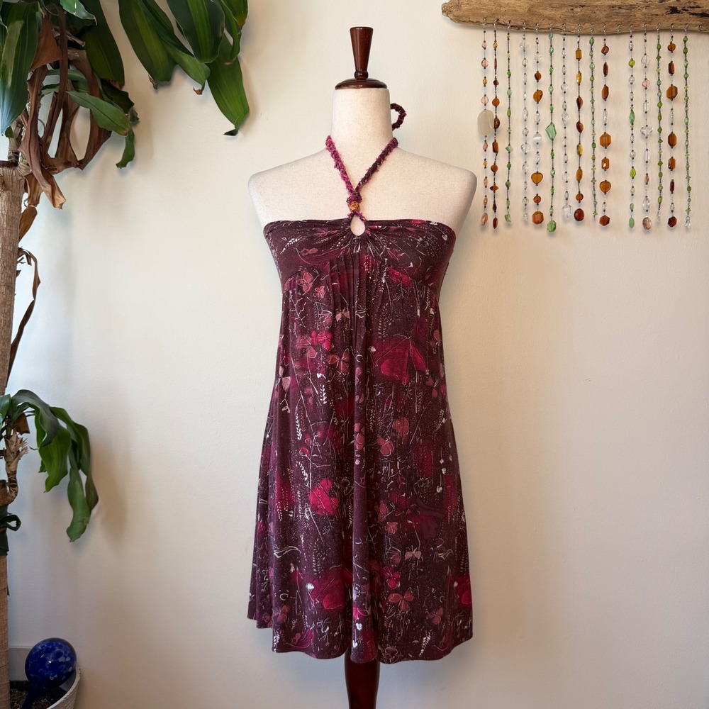 Free People Burgundy Floral Babydoll Halter Mini Dress Wood Bead Boho Fairy 6